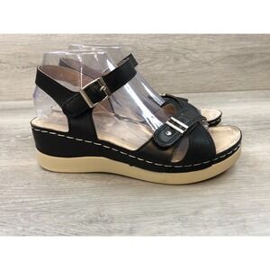 Patrizia Women's Sandals Black Leather‎ Wedge 9.5 Slingback Buckle Comfort Shoes